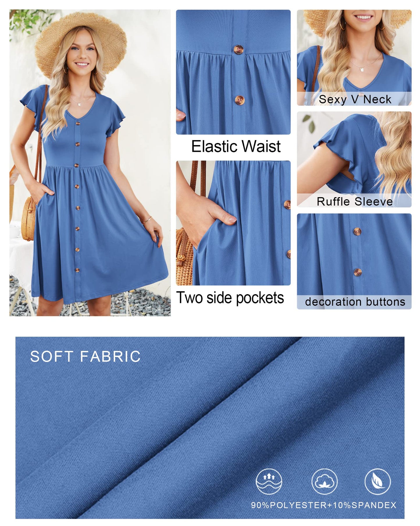 WNEEDU Women Summer Dresses Sleeveless Casual Loose Swing Button Down Midi Dress with Pockets(Floral Red,L)