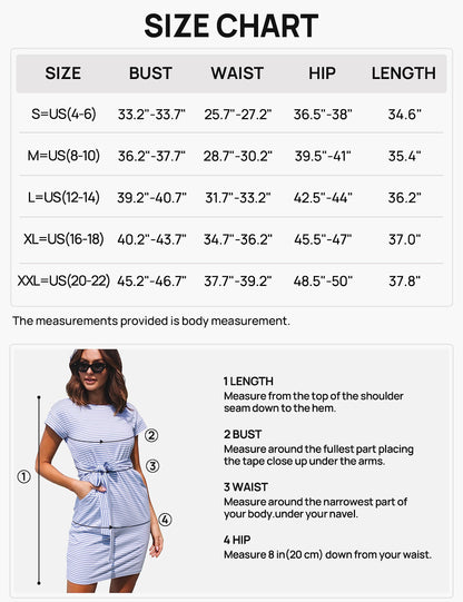 MEROKEETY Women's Summer Striped Short Sleeve T Shirt Dress Casual Tie Waist Midi Dress, Blue, S