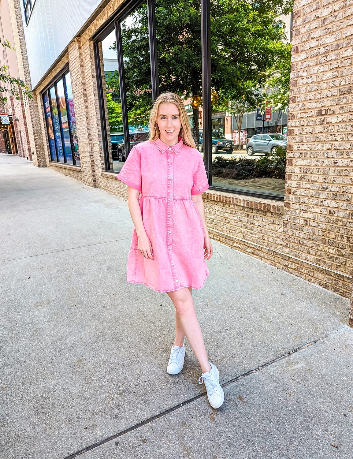 LookbookStore Pink Dresses for Women Valentines Day Pink Dress 2024 Summer Short Jean Dress Casual Short Sleeves Babydoll Denim Dress for Women Size L