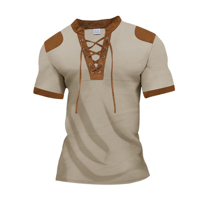 European And American Sports And Leisure Henley Shirt Short Sleeve Lace-up Neckline
