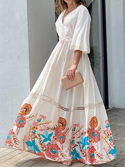 Lace Printed Stitching 7-point Sleeve Long Large Hem Dress