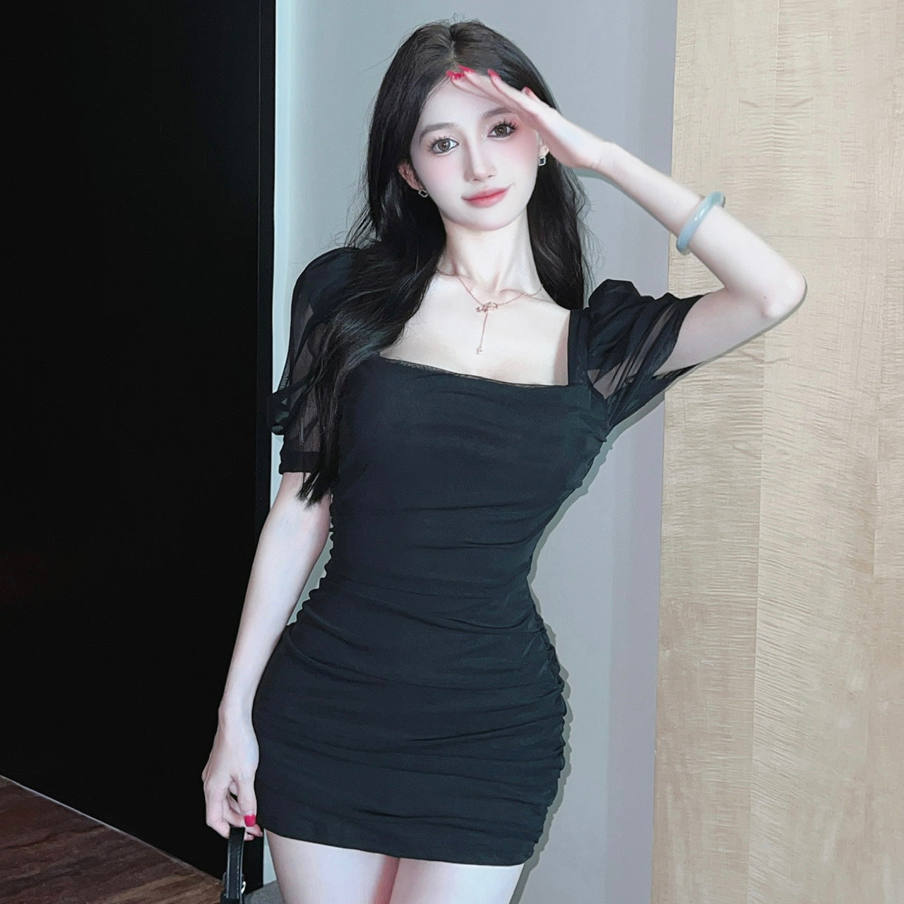 Mesh Puff Sleeve Tight Short Sleeve Sheath Dress