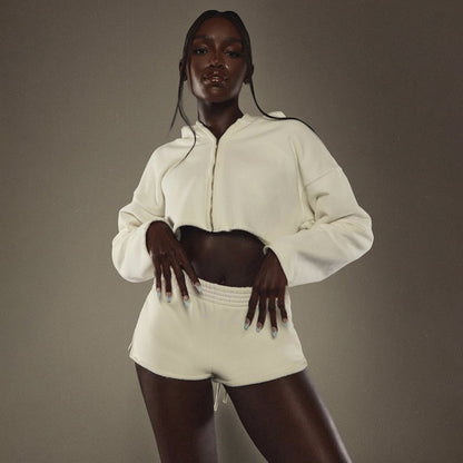 Short Hooded  Navel Solid Color Long-sleeve Zipper