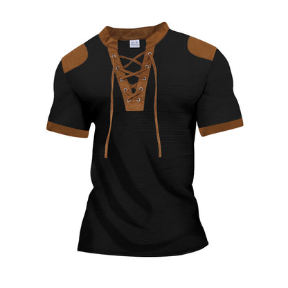 European And American Sports And Leisure Henley Shirt Short Sleeve Lace-up Neckline