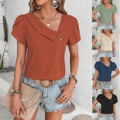 Small Diagonal Collar Solid Color Washed Cotton Top